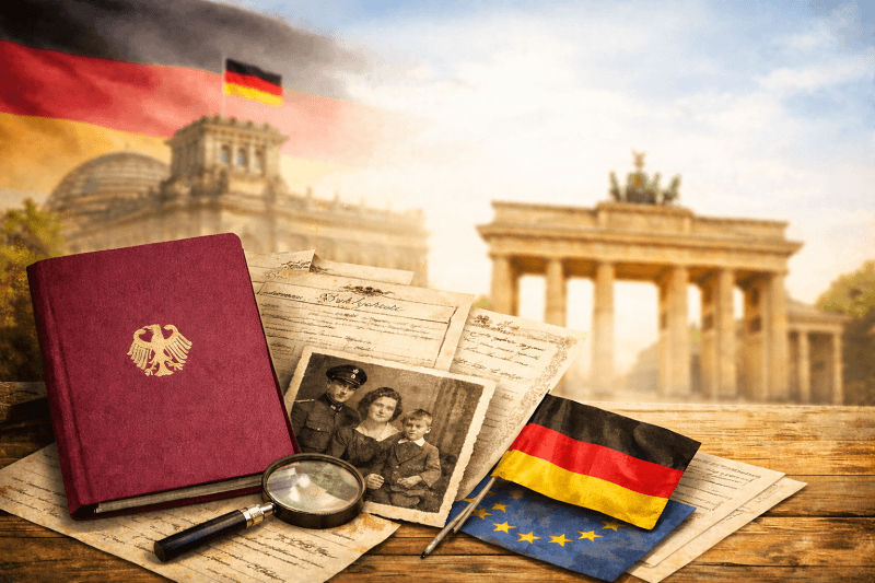 דרכון גרמני לצד מסמכים משפחתיים היסטוריים ודגל גרמניה ברקע שער ברנדנבורג בברלין