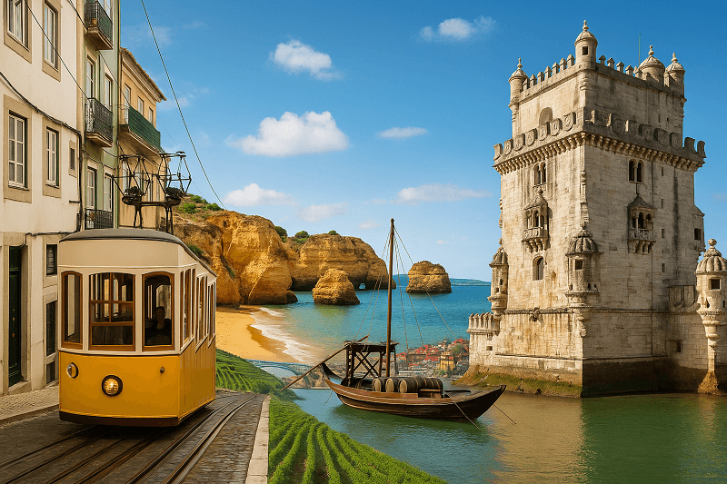 נוף פורטוגלי צבעוני עם טראם בליסבון, חוף בסגנון אלגרבה ומגדל בלן