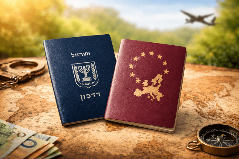 דרכון ישראלי לצד דרכון אירופאי הממחישים אזרחות כפולה והאפשרות להחזיק שני דרכונים