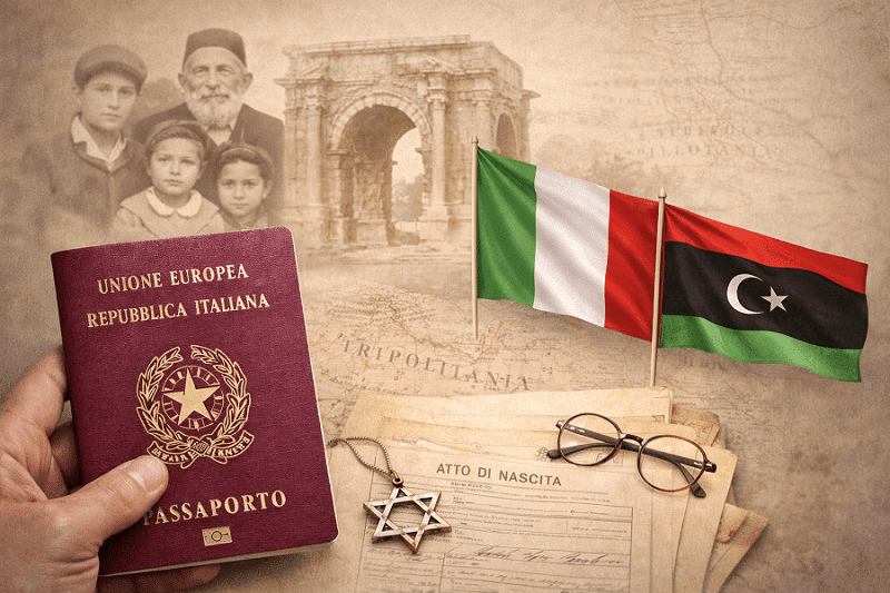 דרכון איטלקי לצד דגלי איטליה ולוב ומסמכים היסטוריים המייצגים זכאות לאזרחות איטלקית ליוצאי לוב