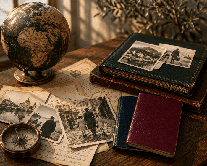 מסמכים ותמונות ישנות לצד דרכון המדגימים זכויות משפטיות ואזרחות שעוברות בירושה