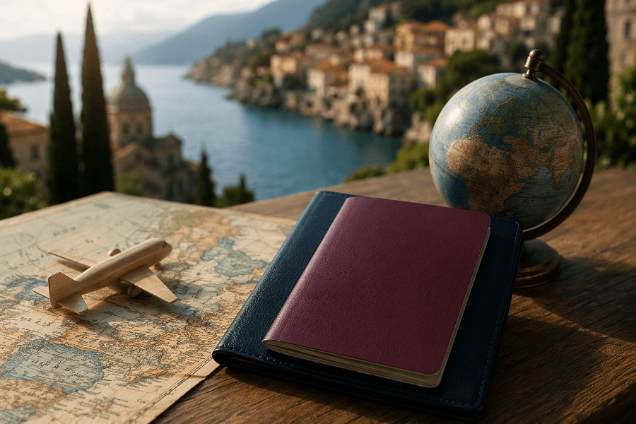 דרכון אירופאי על רקע נוף אירופה ומפת עולם הממחישים הסדרת מעמד אירופי והזדמנויות בחו"ל