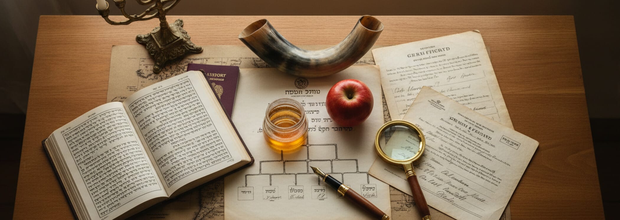 חגי תשרי בקהילה יהודית באירופה: שופר על שולחן עץ, תפוח וכוס דבש לצדו, סידור תפילה פתוח, מנורת חנוכייה ישנה ברקע