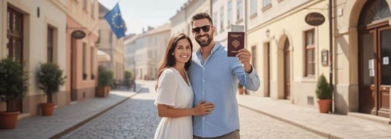 זוג נשוי מאושר ברחוב אירופי עתיק עם טבעות נישואין ודגל האיחוד האירופי ודרכון אירופי ביד