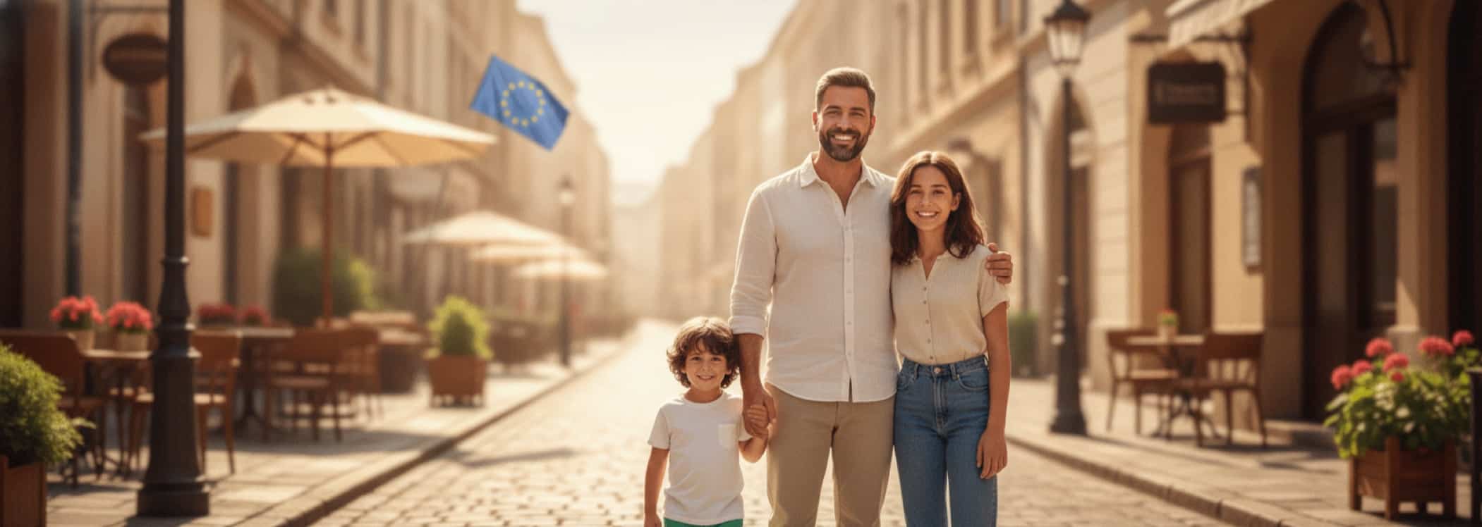 הורה שמח עם שני ילדים ברחוב אירופי עתיק עם דגל האיחוד האירופי ודרכון אירופי ביד