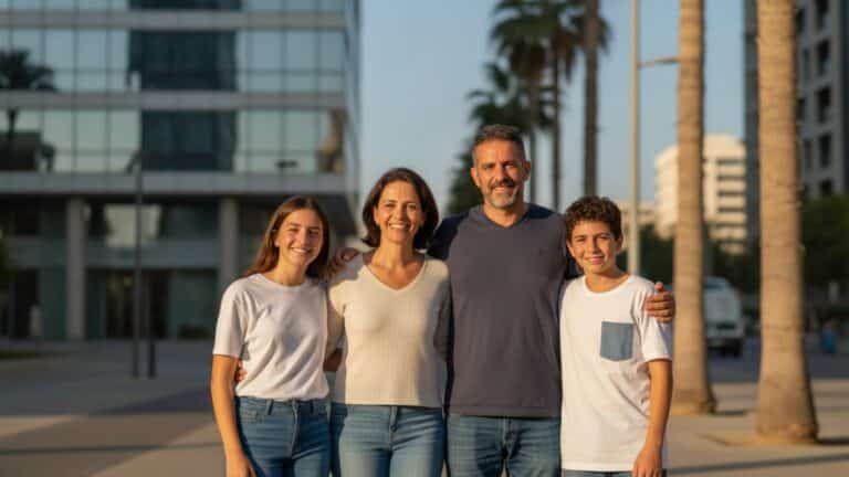 משפחה ישראלית מחייכת עומדת ברחוב תל אביבי מול בניין משרדים מודרני, בדרך לקביעת תור בשגרירות גרמניה בתל אביב
