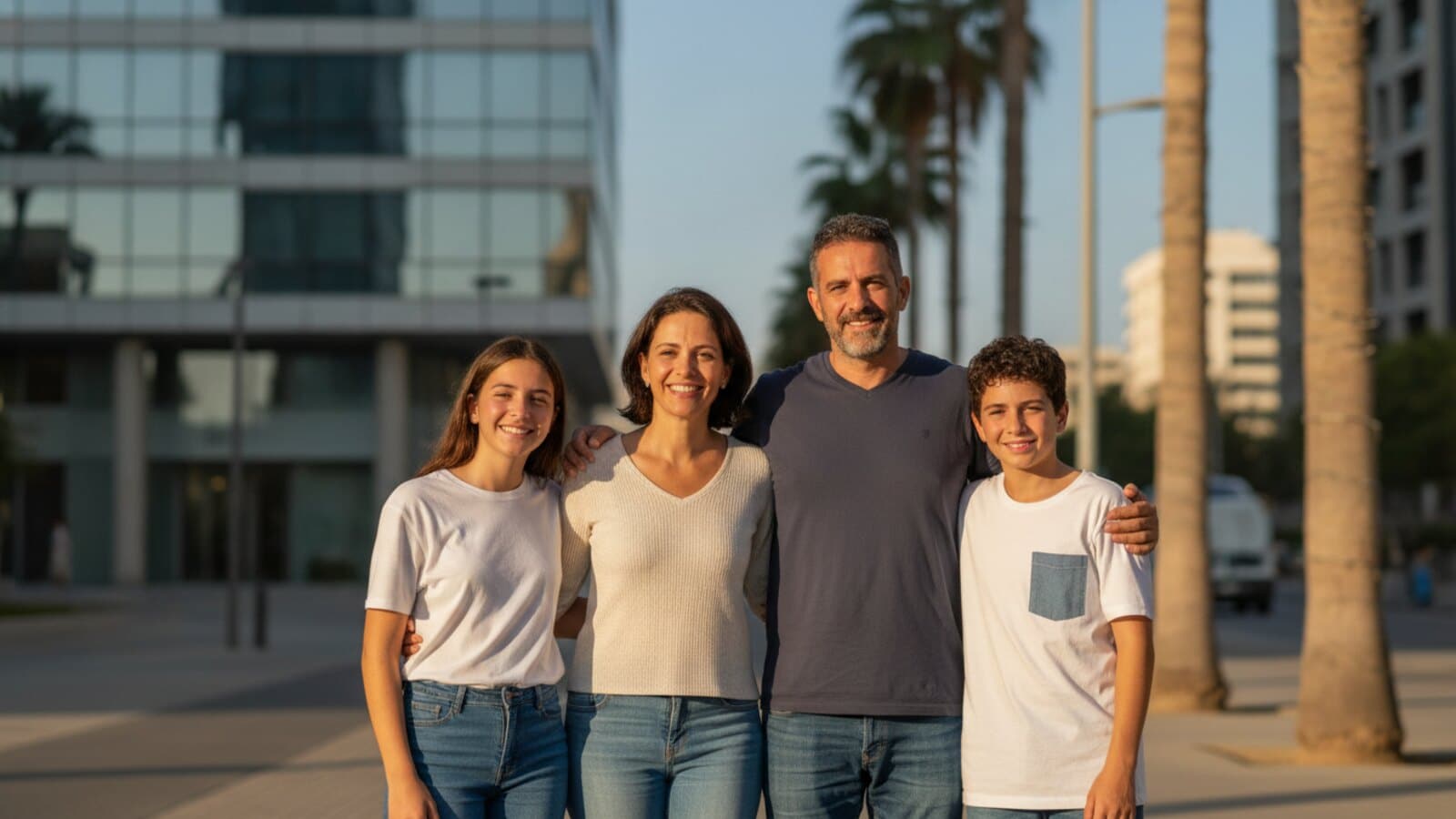 משפחה ישראלית מחייכת עומדת ברחוב תל אביבי מול בניין משרדים מודרני, בדרך לקביעת תור בשגרירות גרמניה בתל אביב