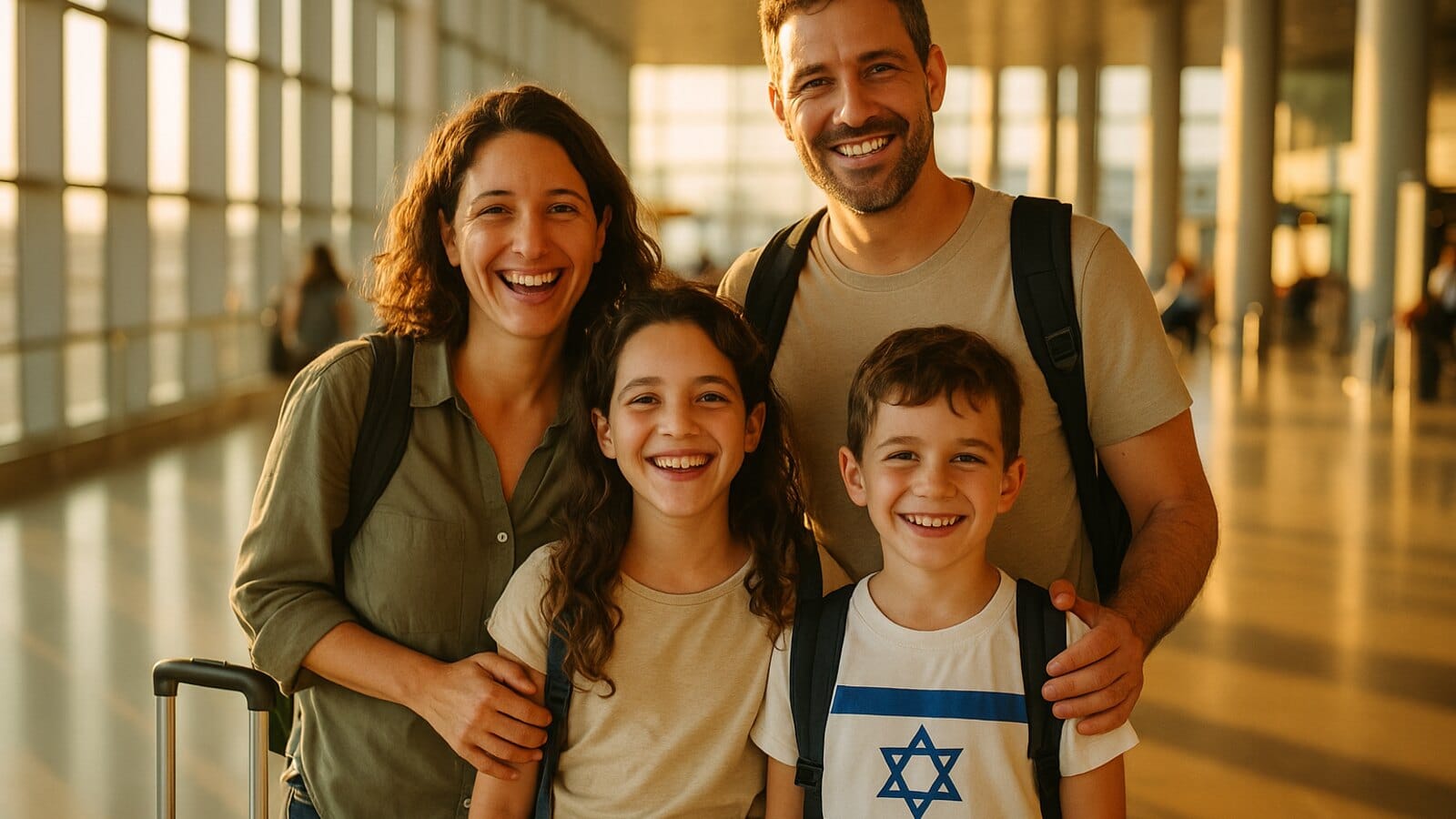 משפחה ישראלית מחייכת באולם היוצאים בשדה התעופה לפני טיסה לאירופה, בהקשר של חידוש דרכון פורטוגלי