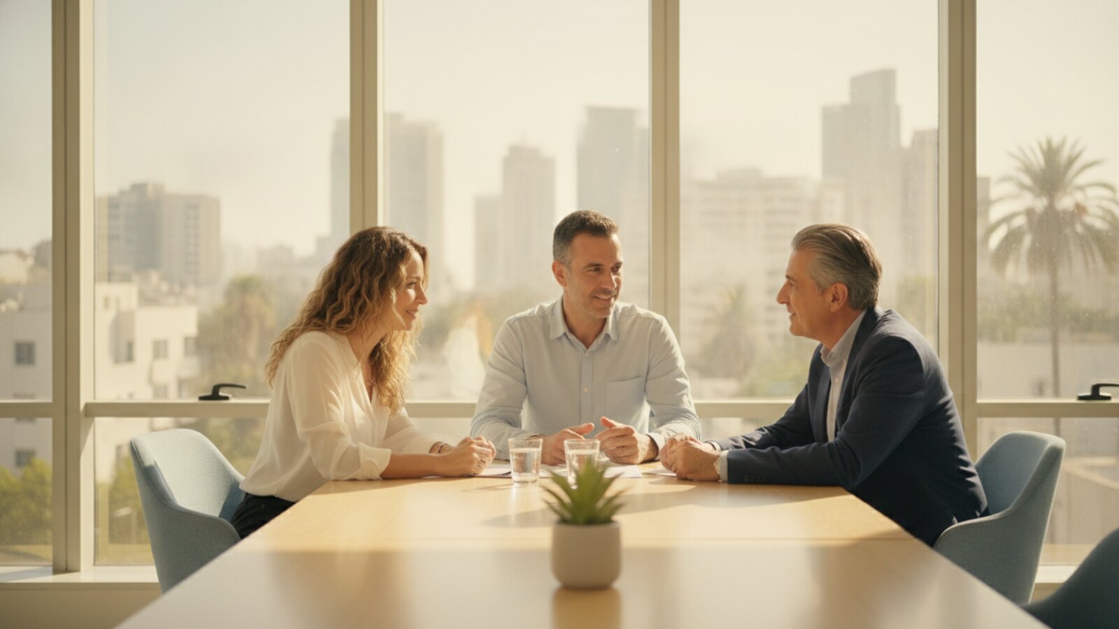 זוג ישראלי בשיחת ייעוץ עם מלווה לפני שבוחרים חברה להוצאת דרכון אירופאי